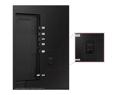Detailed view of the connectivity panel on the Samsung 65Q60DAU with multiple HDMI/USB ports, emphasizing its modern design and weight stability.
