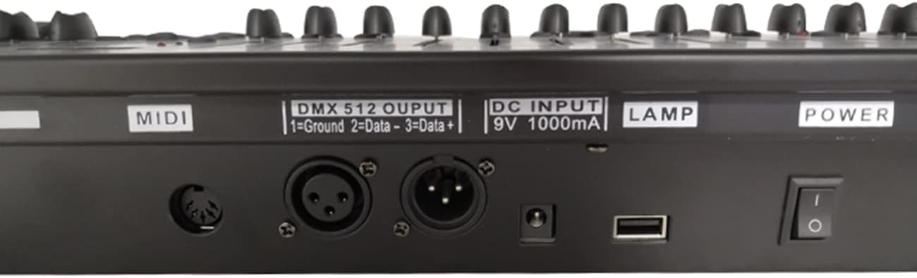 DMX 384B rear panel showing XLR DMX outputs and RJ45 Ethernet port.