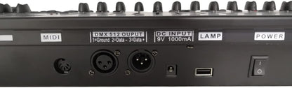 DMX 384B rear panel showing XLR DMX outputs and RJ45 Ethernet port.