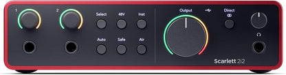 Close-up view of the Scarlett Solo 4th Gen front panel featuring the mic preamp and instrument input.