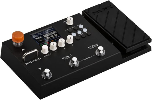 Black guitar effects pedal with control knobs and display on a white background