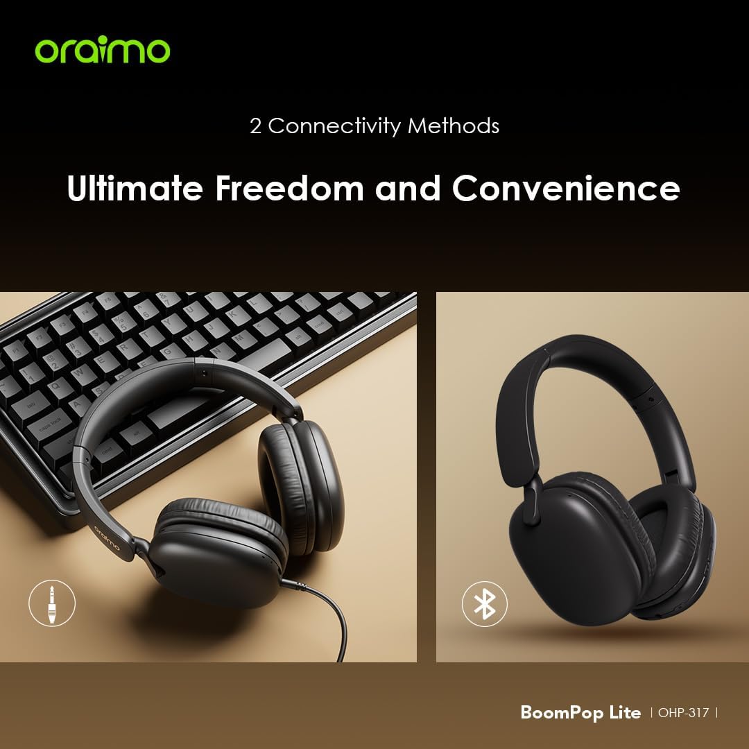 Black headphones with connectivity methods on a black background, featuring Oraimo branding.
