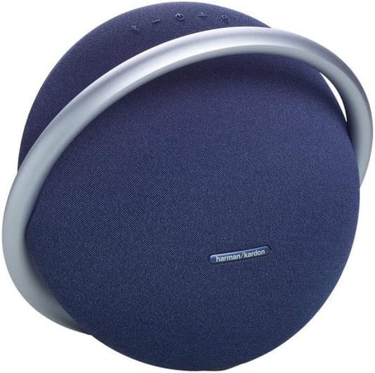 Harman Kardon Onyx Studio 8 portable Bluetooth speaker with a sleek anodized aluminum handle and eco-friendly design.