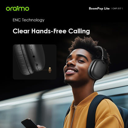 Person wearing headphones with clear hands-free calling feature, Oraimo brand visible