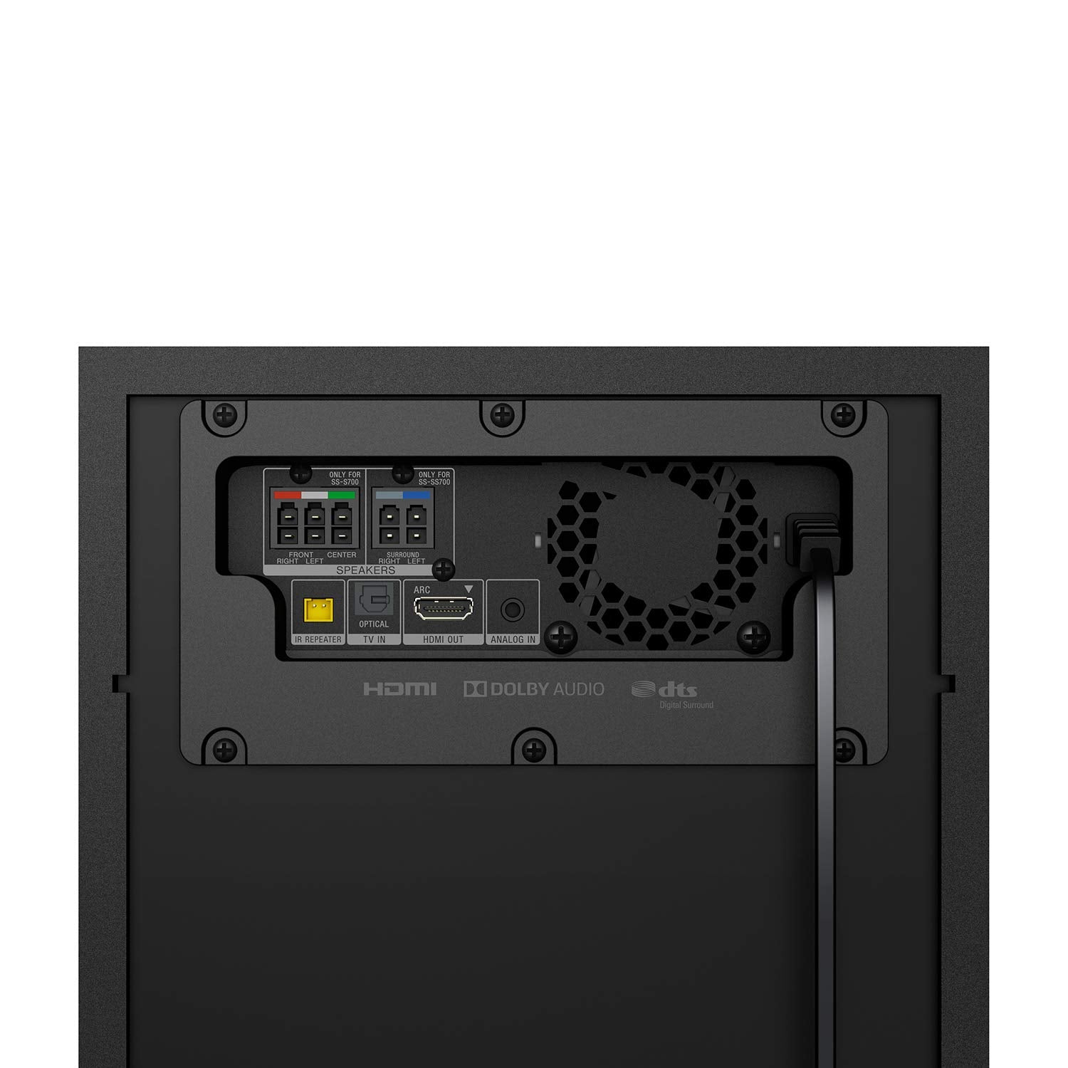 Close-up view of the Sony HT-S700RF control panel displaying HDMI ARC, optical inputs, and Bluetooth connectivity options.