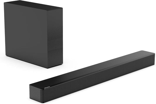 Hisense HS2100 Soundbar with wireless subwoofer displayed in a modern living room setup