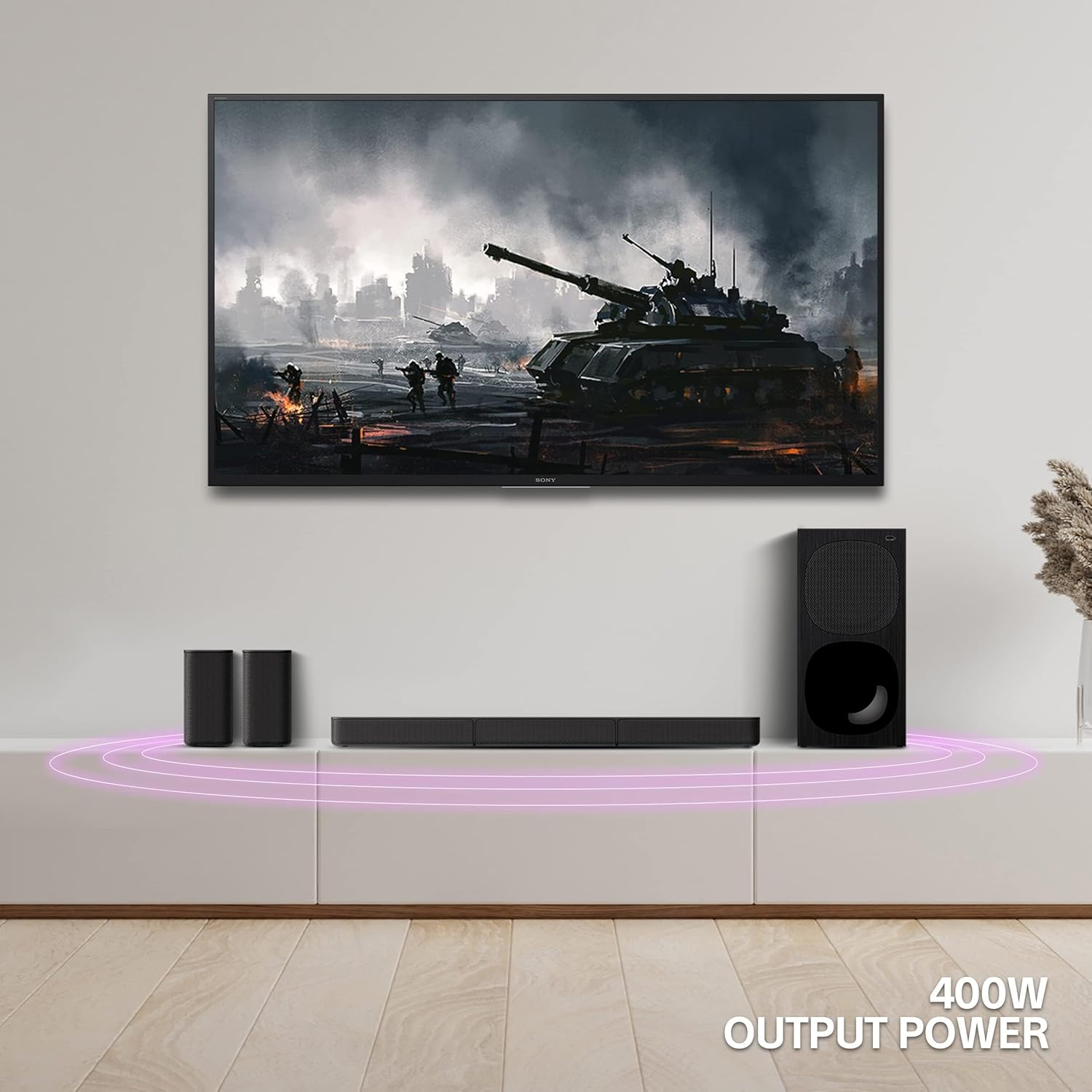 Sony HT-S20R rear speakers and subwoofer positioned for optimal surround sound performance.