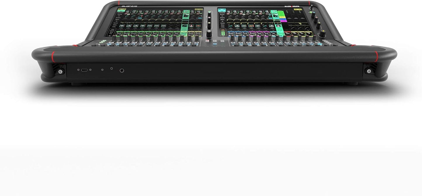 Large audio mixing console with multiple screens on a white background