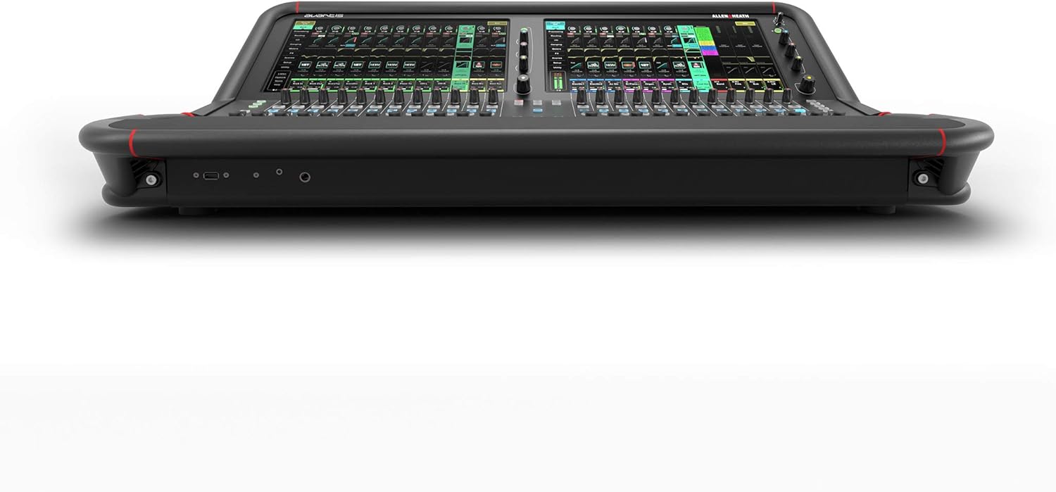 Large audio mixing console with multiple screens on a white background