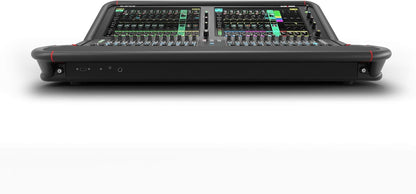 Large audio mixing console with multiple screens on a white background