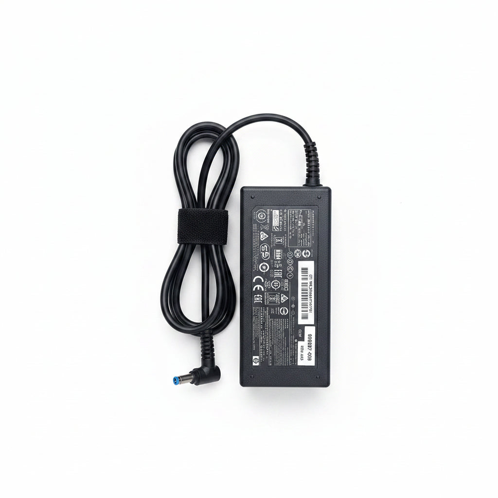 HP Blue Pin Charger 65W Kenya – black AC adapter with blue barrel tip and coiled power cable on white background