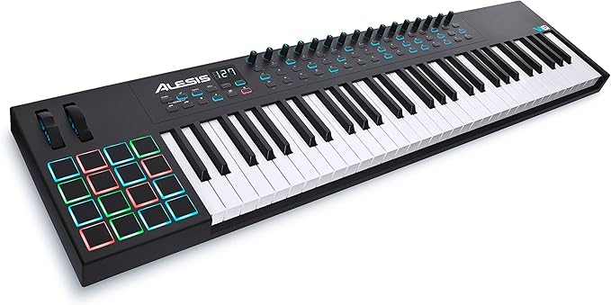 Alesis VI61 front view showing 61 keys and control layout.