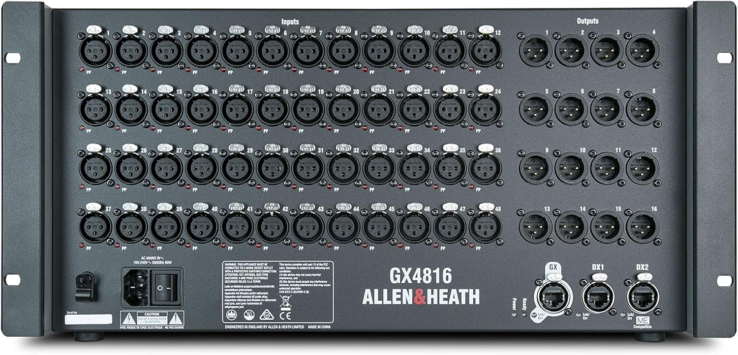 Back panel of an Allen & Heath audio mixer with multiple XLR and TRS connectors.
