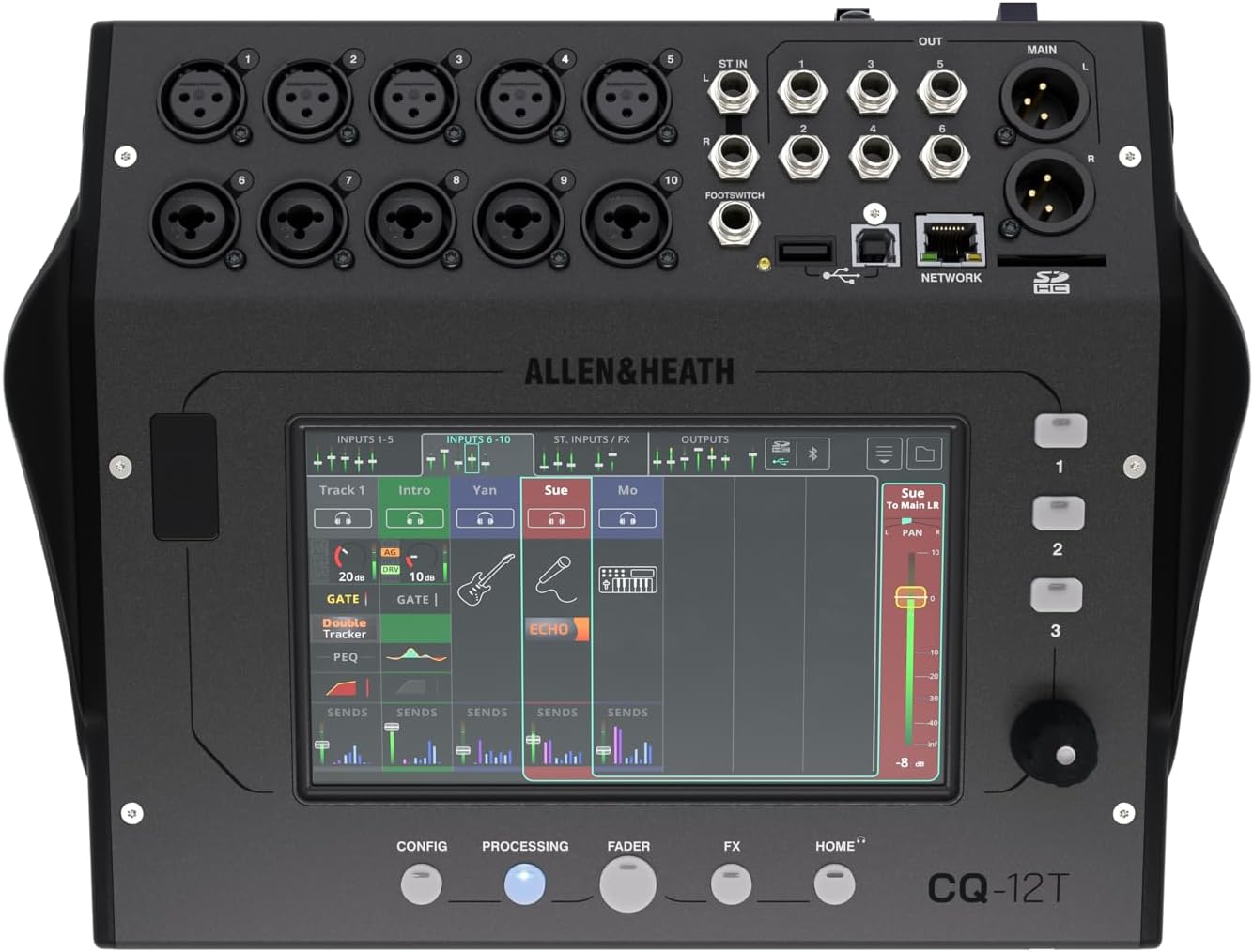 Allen & Heath CQ-12T compact digital mixer showing 7‑inch touchscreen and channel strip UI.