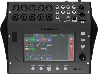 Allen & Heath CQ-12T compact digital mixer showing 7‑inch touchscreen and channel strip UI.