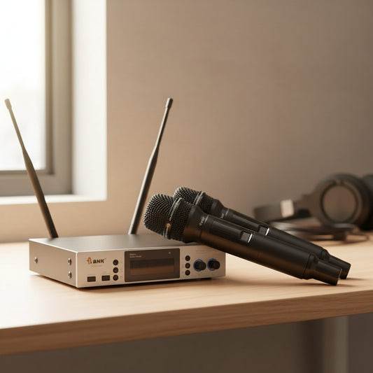 BNK BM 100 wireless microphone front view, compact handheld design for live performance and content creation
