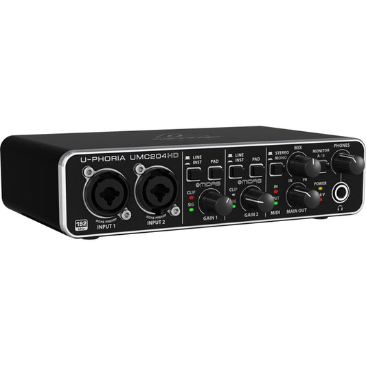 Front view of Behringer UMC204HD showing two combo XLR/TRS inputs, gain knobs, LED indicators, and MIDI ports.”