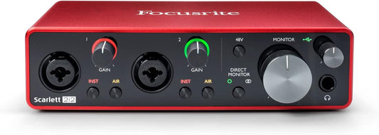 Front view of Scarlett 2i2 showing two combo XLR/TRS inputs, gain knobs with Halo indicators, Direct Monitor switch, and headphone jack.”