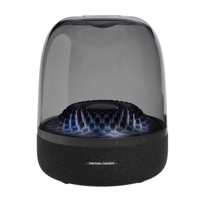 Harman Kardon Aura Studio 4 showcasing its iconic transparent dome with a diamond-effect light show