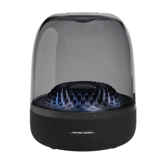 Harman Kardon Aura Studio 4 showcasing its iconic transparent dome with a diamond-effect light show