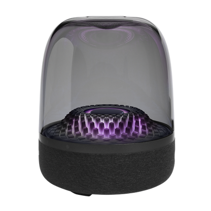 Close-up view of the Harman Kardon Aura Studio 4 highlighting its sleek, eco-friendly recycled design and premium build."