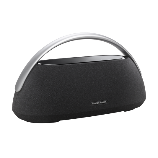 Close-up view of the Harman Kardon Go + Play 3's refined design showcasing its elegant interface and quality finish.