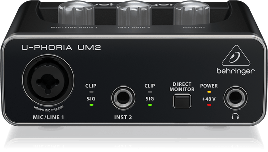 Behringer UM2 USB audio interface showing its front panel with combo XLR/TRS input and headphone jack.