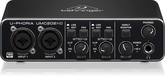 Behringer UMC202HD USB audio interface displaying its front panel with XLR/TRS combo inputs and a headphone jack.