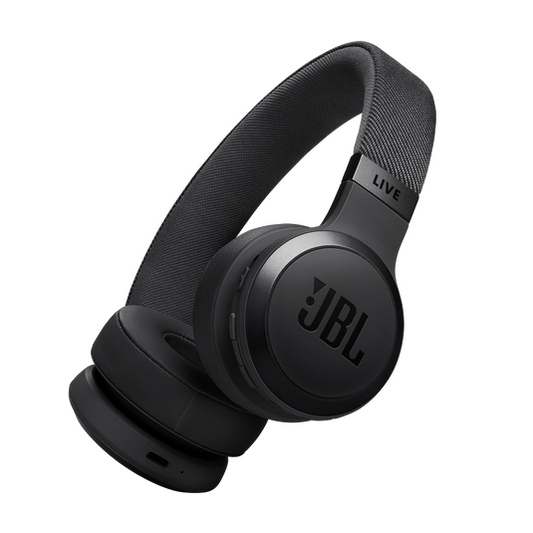 JBL Live 670NC black on-ear headphones with padded headband and earcups viewed from side.
