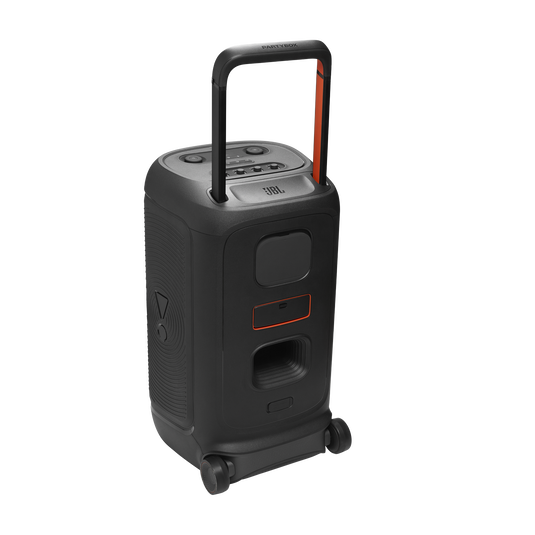 JBL PartyBox 520 speaker on a patio deck with telescopic handle extended and wheels visible