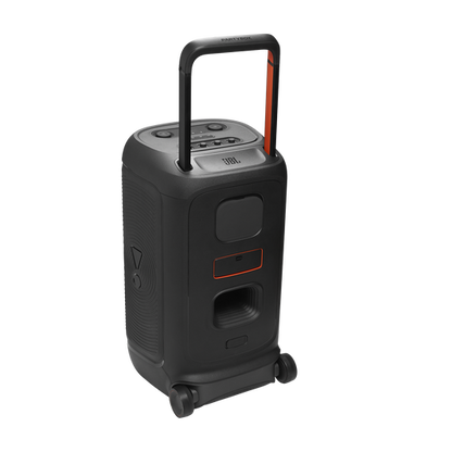 JBL PartyBox 520 speaker on a patio deck with telescopic handle extended and wheels visible