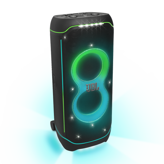 JBL PartyBox Ultimate front view showing full-panel RGB lightshow with starry-night, trails, and strobes