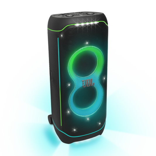 JBL PartyBox Ultimate front view showing full-panel RGB lightshow with starry-night, trails, and strobes