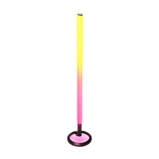 JBL PartyLight Stick upright on a table displaying a multicolored LED lightshow with 360-degree coverage.