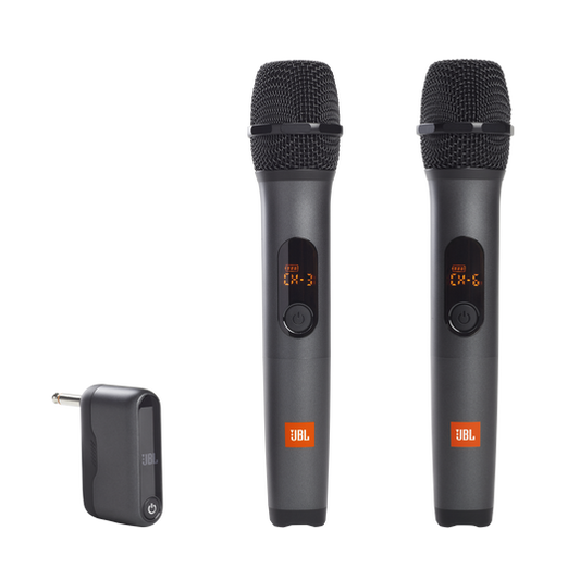 Two JBL Wireless Microphone System handheld mics and a rechargeable receiver unit displayed on a white background.