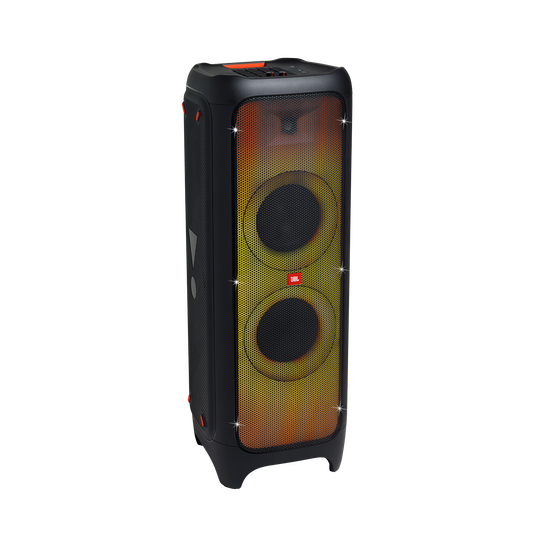 Front view of JBL PartyBox 1000 showing full-panel RGB lighting effects and driver array.