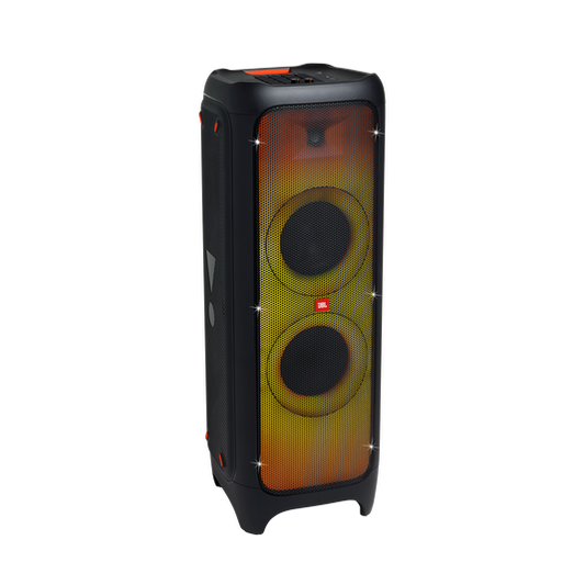 Front view of JBL PartyBox 1000 showing full-panel RGB lighting effects and driver array.