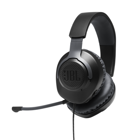 Black JBL Quantum 100 wired gaming headset with memory-foam ear cushions and flip-up boom microphone rotated upward.”