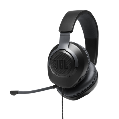 Black JBL Quantum 100 wired gaming headset with memory-foam ear cushions and flip-up boom microphone rotated upward.”