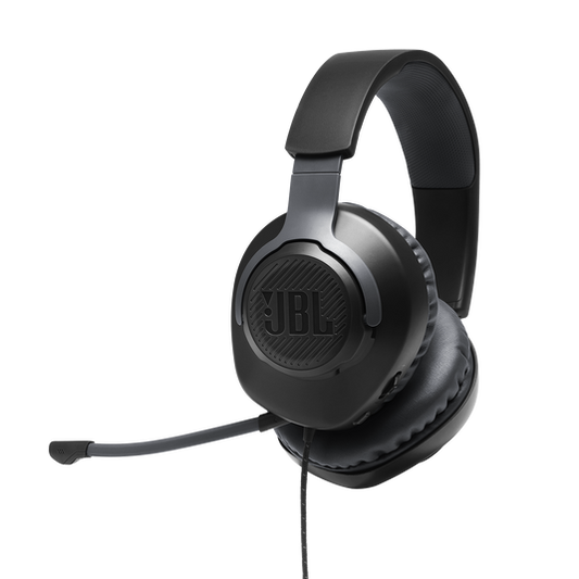 Black JBL Quantum 100 wired gaming headset with memory-foam ear cushions and flip-up boom microphone rotated upward.”