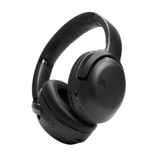 JBL Tour One M2 wireless over-ear headphones in black resting on their carrying case with earcups folded.