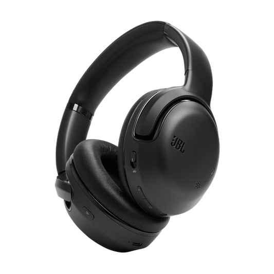 JBL Tour One M2 wireless over-ear headphones in black resting on their carrying case with earcups folded.