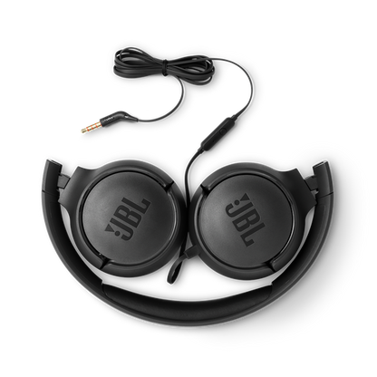 Front view of JBL Tune 500 on-ear headphones showing padded ear cups and foldable hinge.