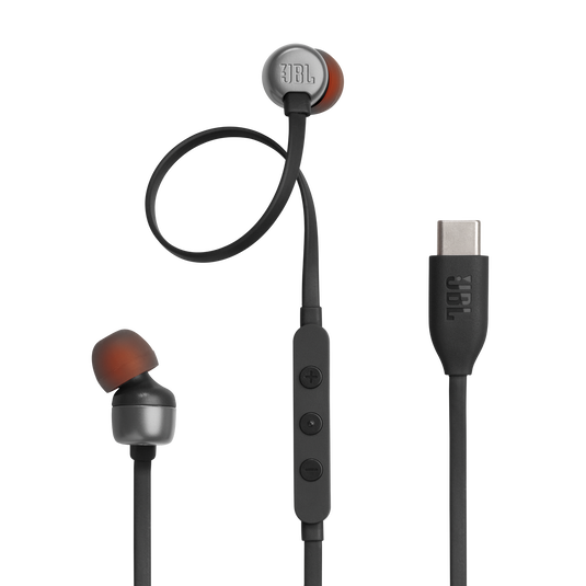 JBL Tune 310C USB-C earbuds with flat tangle-free cable and inline remote displayed on a white surface