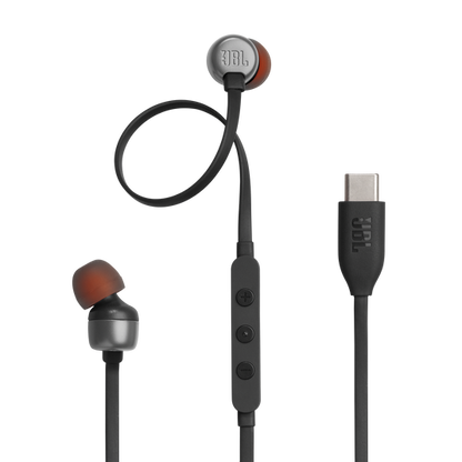 JBL Tune 310C USB-C earbuds with flat tangle-free cable and inline remote displayed on a white surface