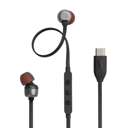 JBL Tune 310C USB-C earbuds with flat tangle-free cable and inline remote displayed on a white surface