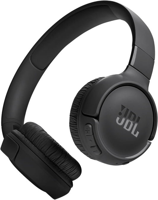 JBL Tune 520BT wireless on-ear headphones in denim blue, foldable with cushioned ear cups against a white background.