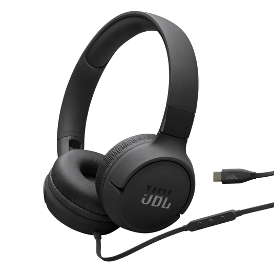 JBL Tune 520C USB-C on-ear headphones folded flat on a white surface, showing padded ear cushions and tangle-free cable.
