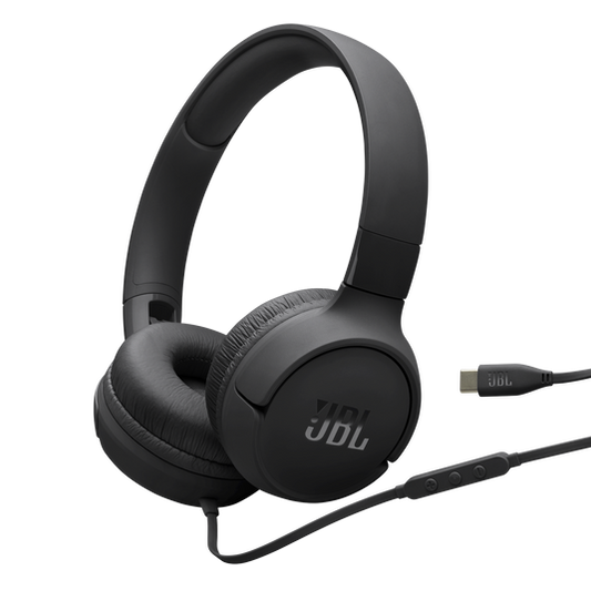 JBL Tune 520C USB-C on-ear headphones folded flat on a white surface, showing padded ear cushions and tangle-free cable.