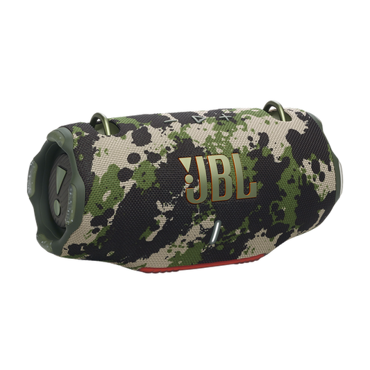JBL Xtreme 4 portable Bluetooth speaker with a rugged design and integrated shoulder strap, set against an outdoor backdrop."